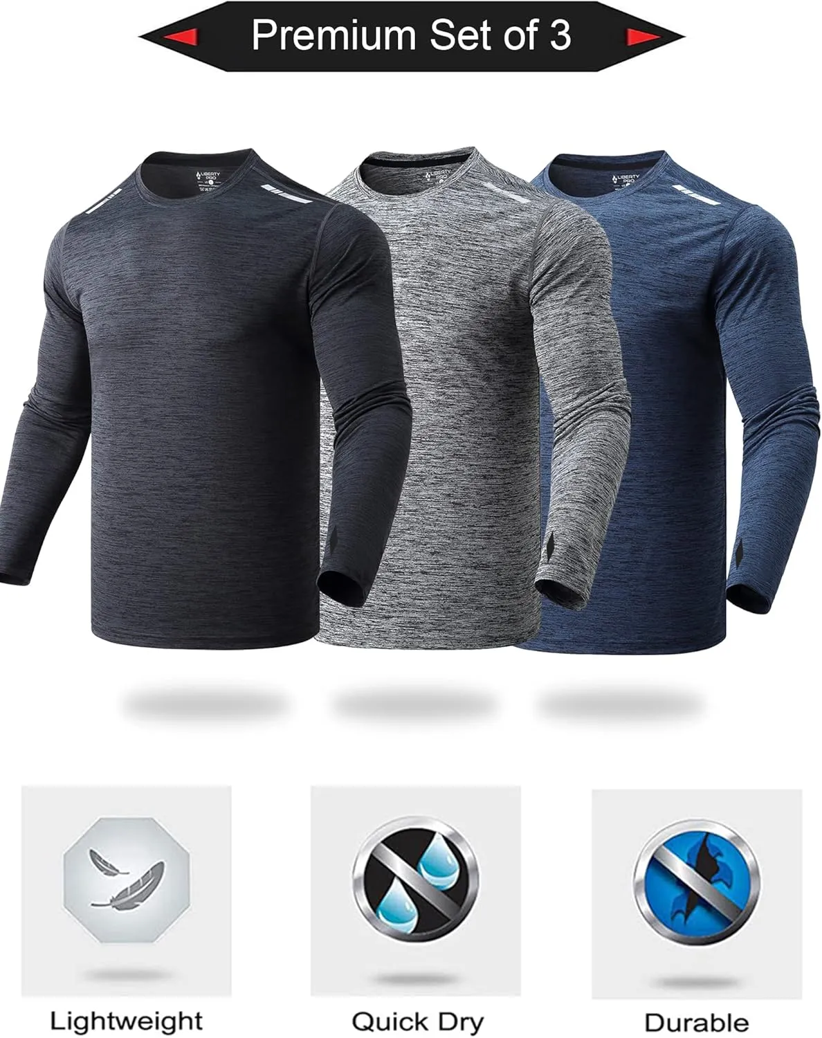3 Pack: Men's Long Sleeve T Shirts, Dry Fit UV Sun Protection Hiking Athletic Active Tops with Thumb Holes