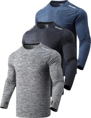 3 Pack: Men's Long Sleeve T Shirts, Dry Fit UV Sun Protection Hiking Athletic Active Tops with Thumb Holes
