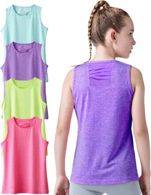 4 Pack Youth Girls Athletic Tank Tops Dry Fit Active Performance Tech Sleeveless Shirts