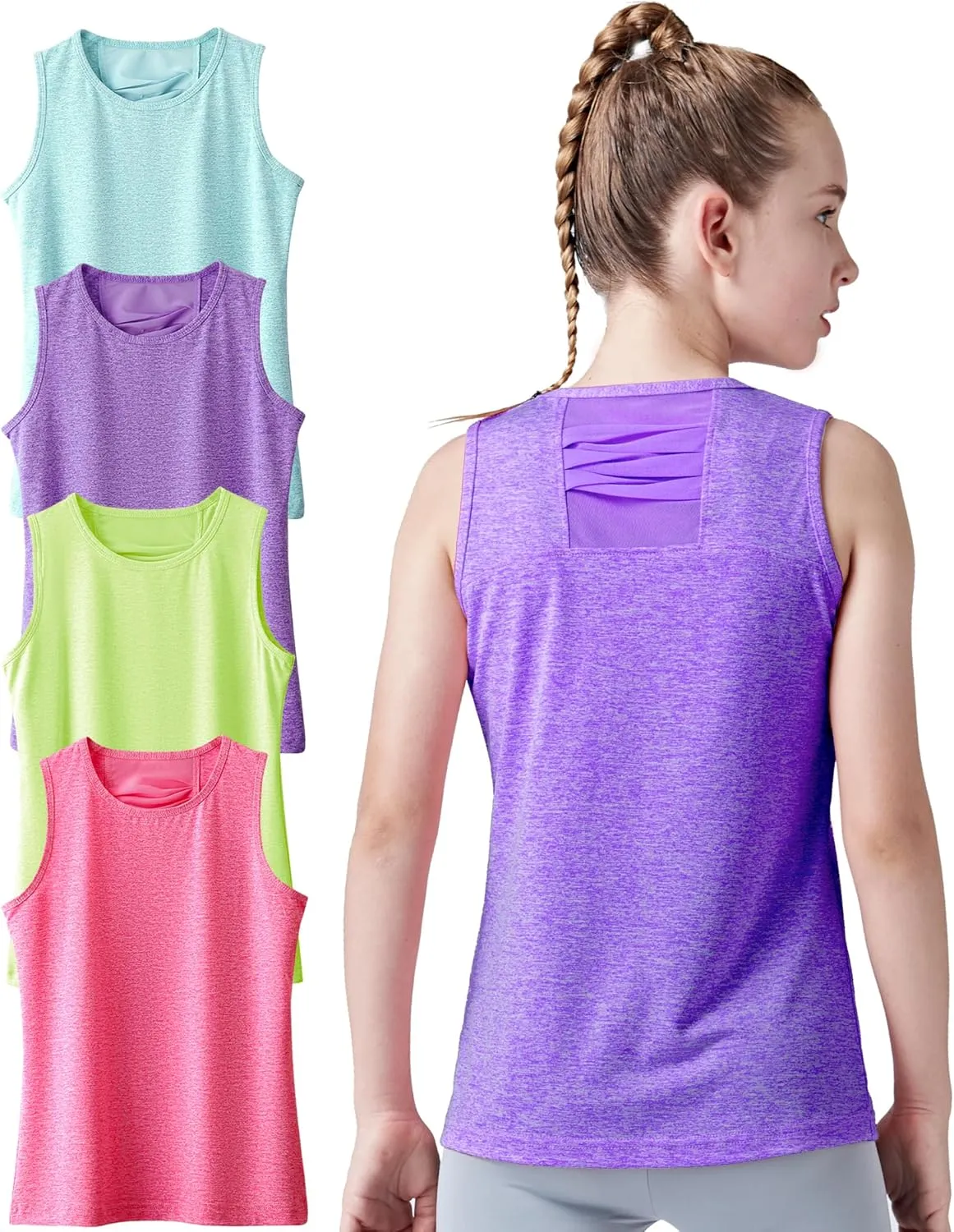 4 Pack Youth Girls Athletic Tank Tops Dry Fit Active Performance Tech Sleeveless Shirts