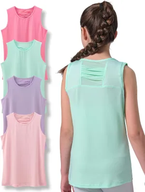 4 Pack Youth Girls Athletic Tank Tops Dry Fit Active Performance Tech Sleeveless Shirts