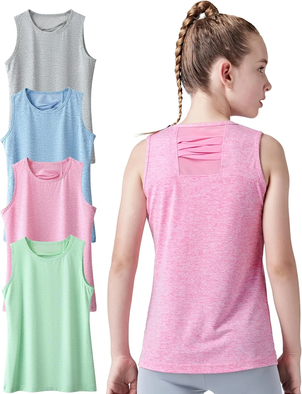 4 Pack Youth Girls Athletic Tank Tops Dry Fit Active Performance Tech Sleeveless Shirts