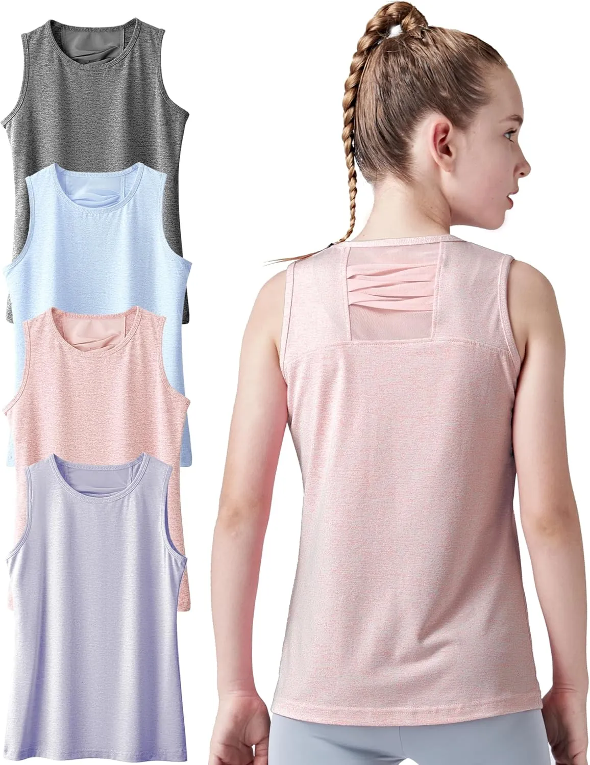 4 Pack Youth Girls Athletic Tank Tops Dry Fit Active Performance Tech Sleeveless Shirts