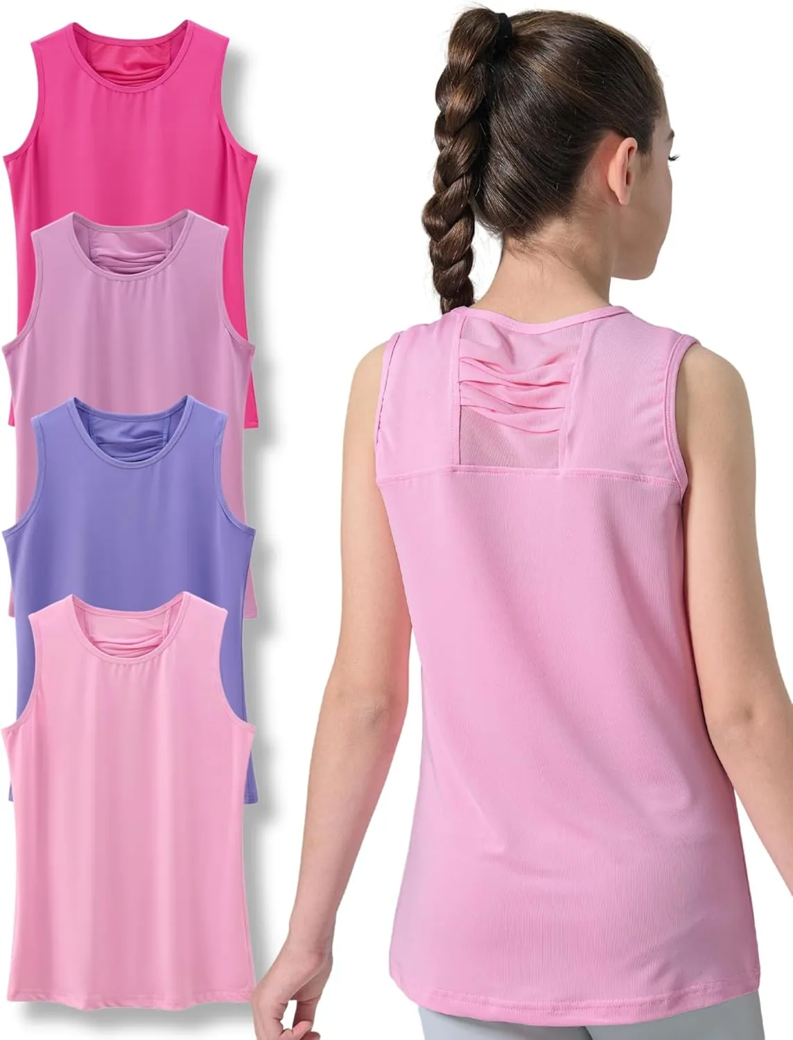 4 Pack Youth Girls Athletic Tank Tops Dry Fit Active Performance Tech Sleeveless Shirts