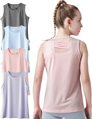 4 Pack Youth Girls Athletic Tank Tops Dry Fit Active Performance Tech Sleeveless Shirts