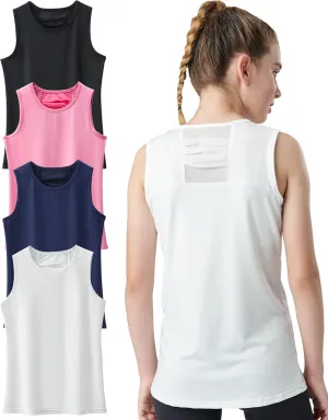 4 Pack Youth Girls Athletic Tank Tops Dry Fit Active Performance Tech Sleeveless Shirts