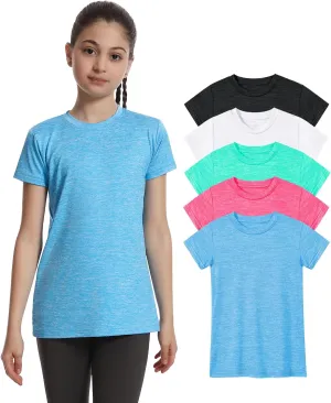 5 Pack Girls Athletic Shirts Short Sleeve Dry Fit Sports T-Shirts Crew Neck Activewear Tees Tops for Kids Teens