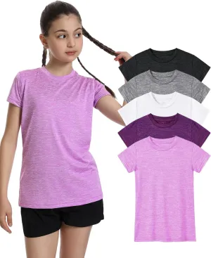 5 Pack Girls Athletic Shirts Short Sleeve Dry Fit Sports T-Shirts Crew Neck Activewear Tees Tops for Kids Teens