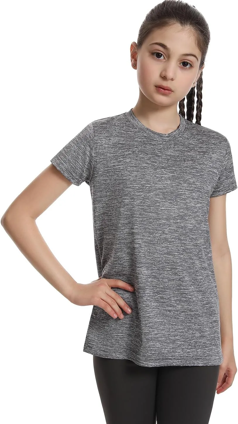 5 Pack Girls Athletic Shirts Short Sleeve Dry Fit Sports T-Shirts Crew Neck Activewear Tees Tops for Kids Teens