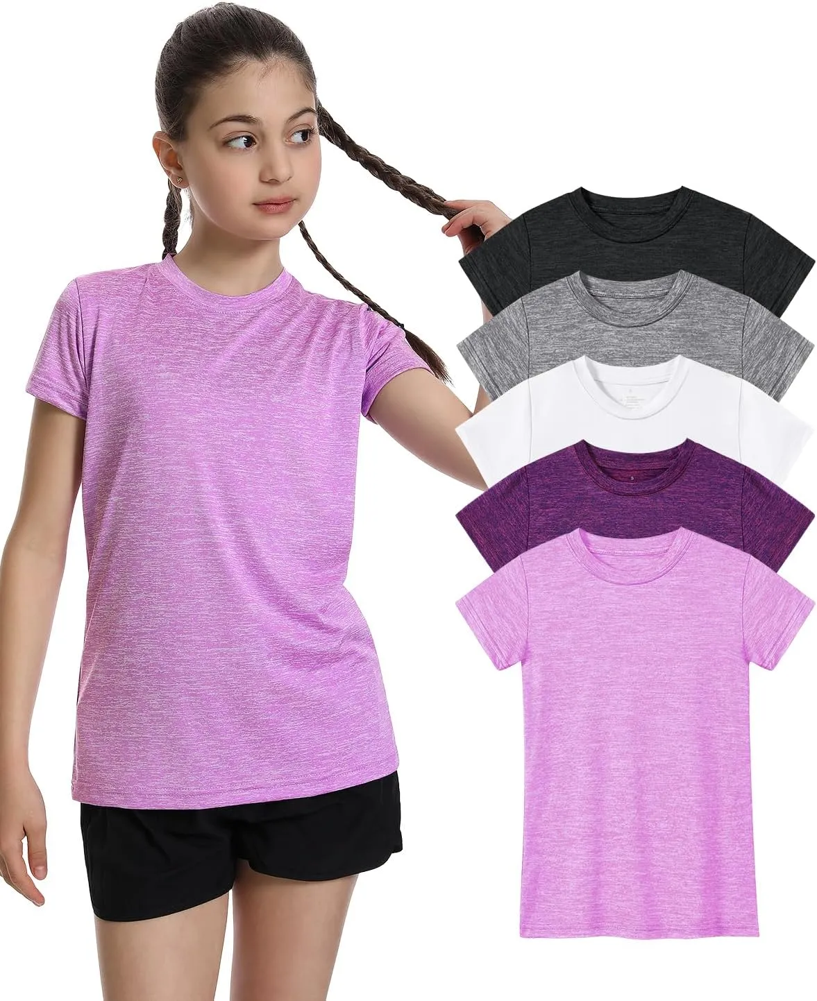 5 Pack Girls Athletic Shirts Short Sleeve Dry Fit Sports T-Shirts Crew Neck Activewear Tees Tops for Kids Teens