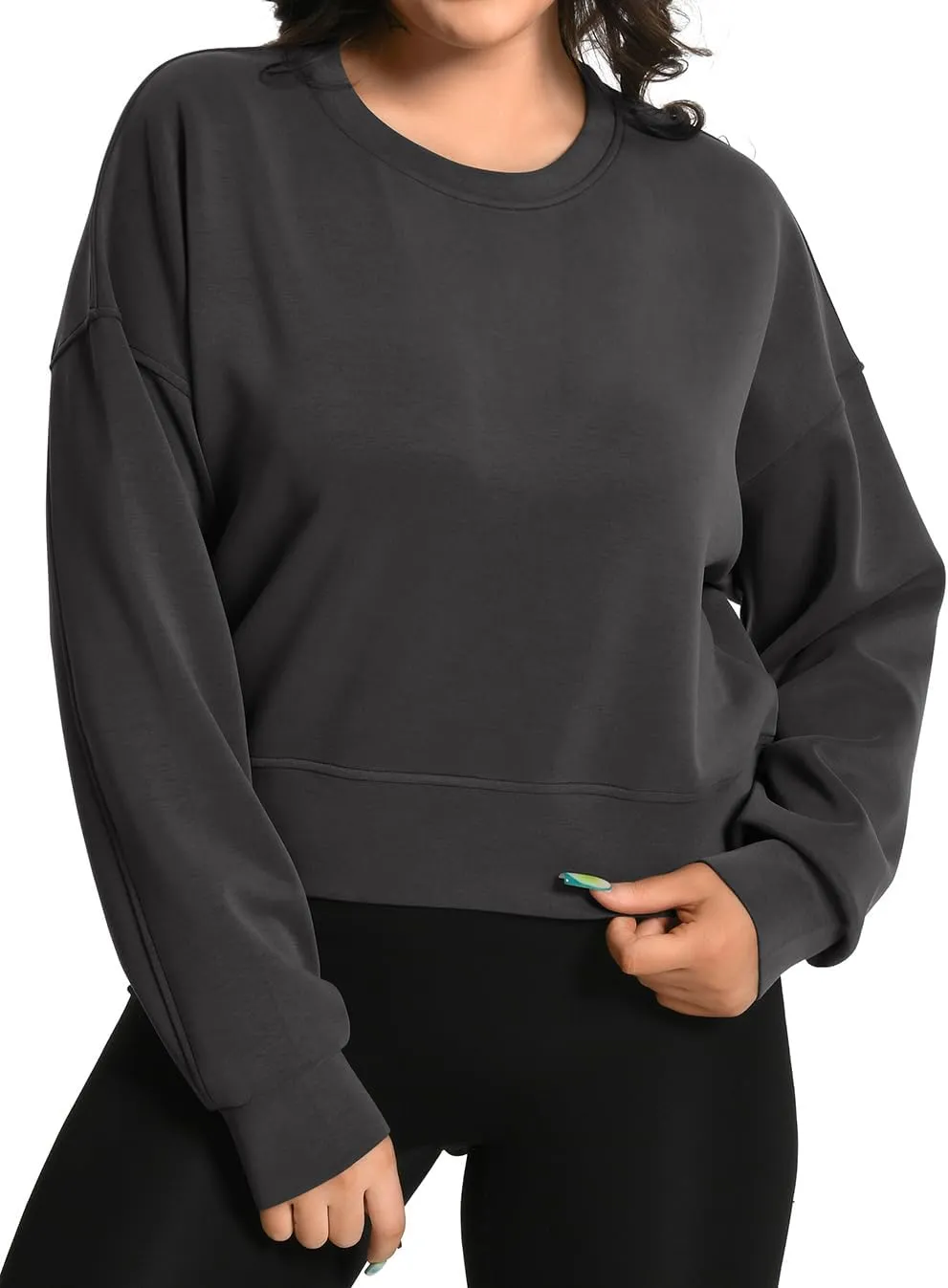 Auriviz Womens Modal Long Sleeve Cropped Sweatshirts Oversized Workout Shirts Crew Neck Pullover Crop Tops