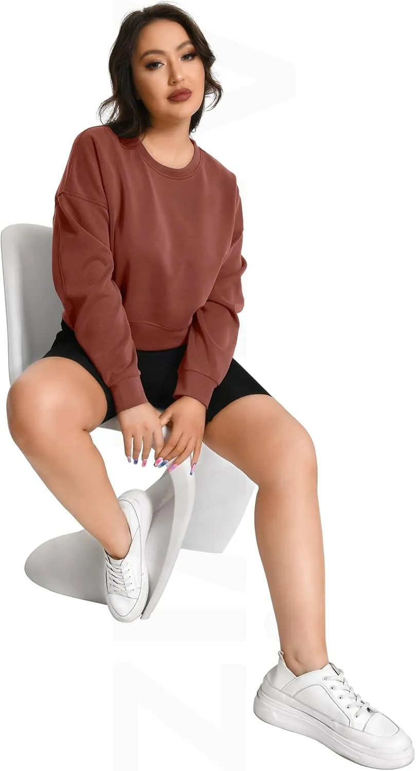 Auriviz Womens Modal Long Sleeve Cropped Sweatshirts Oversized Workout Shirts Crew Neck Pullover Crop Tops