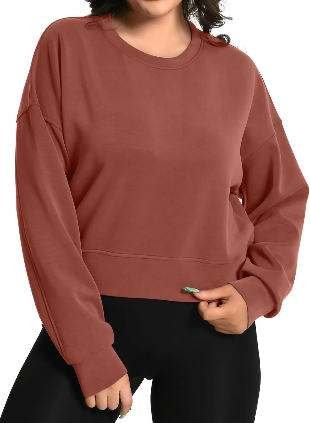Auriviz Womens Modal Long Sleeve Cropped Sweatshirts Oversized Workout Shirts Crew Neck Pullover Crop Tops