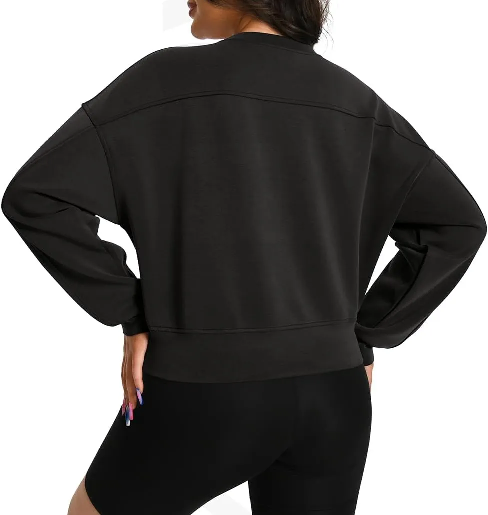 Auriviz Womens Modal Long Sleeve Cropped Sweatshirts Oversized Workout Shirts Crew Neck Pullover Crop Tops