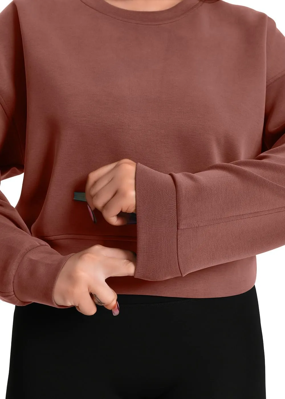 Auriviz Womens Modal Long Sleeve Cropped Sweatshirts Oversized Workout Shirts Crew Neck Pullover Crop Tops