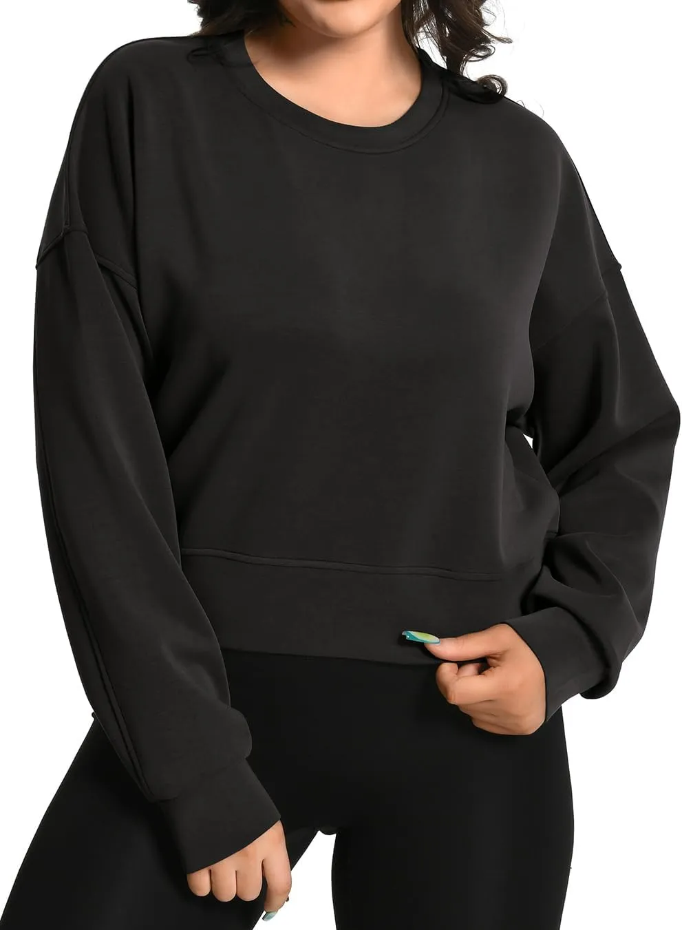 Auriviz Womens Modal Long Sleeve Cropped Sweatshirts Oversized Workout Shirts Crew Neck Pullover Crop Tops
