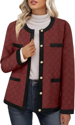 Bebonnie Women's Diamond Quilted Jacket Crew Neck Lightweight Long Sleeve Button Down Winter Coats with Pockets