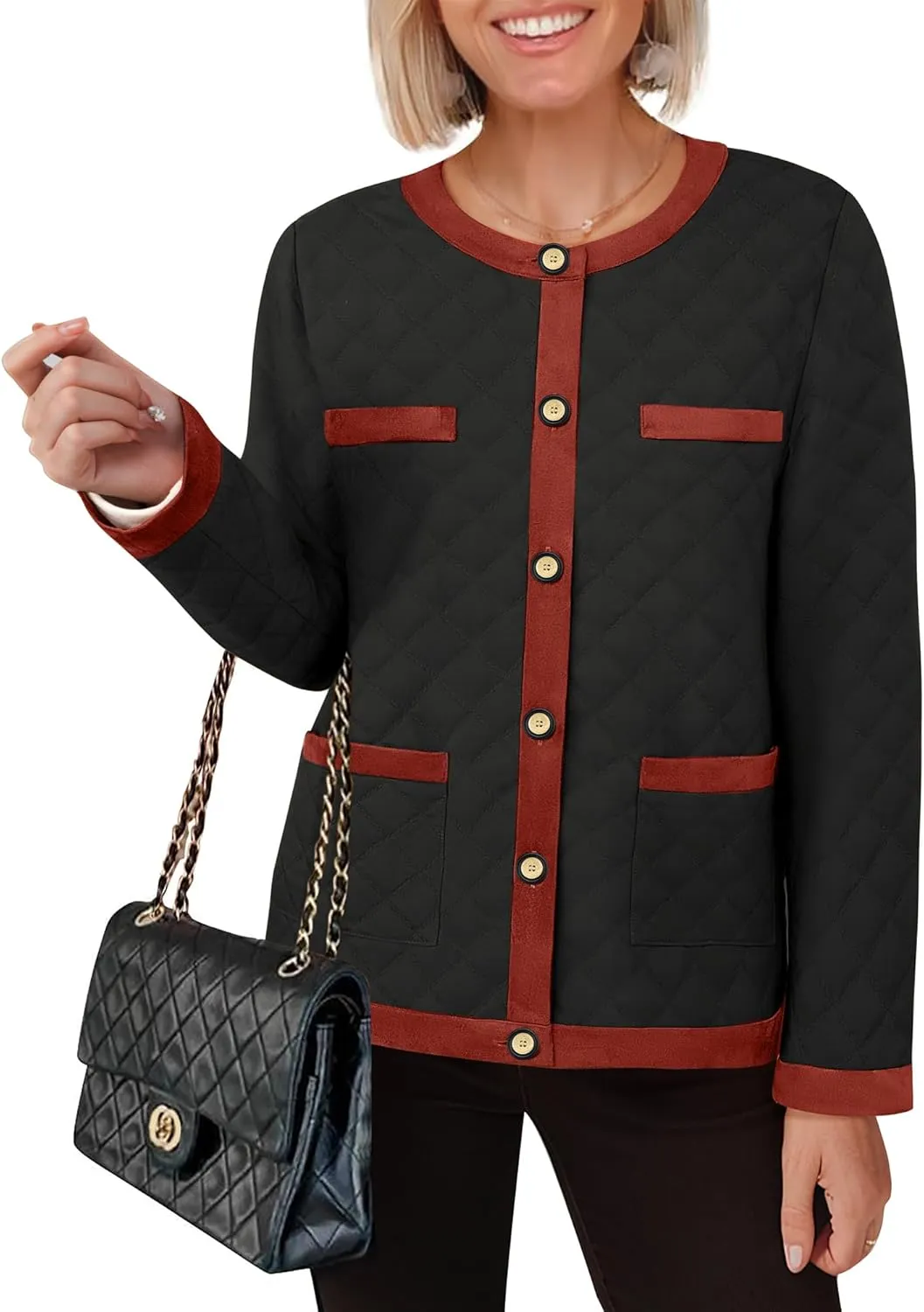 Bebonnie Women's Diamond Quilted Jacket Crew Neck Lightweight Long Sleeve Button Down Winter Coats with Pockets
