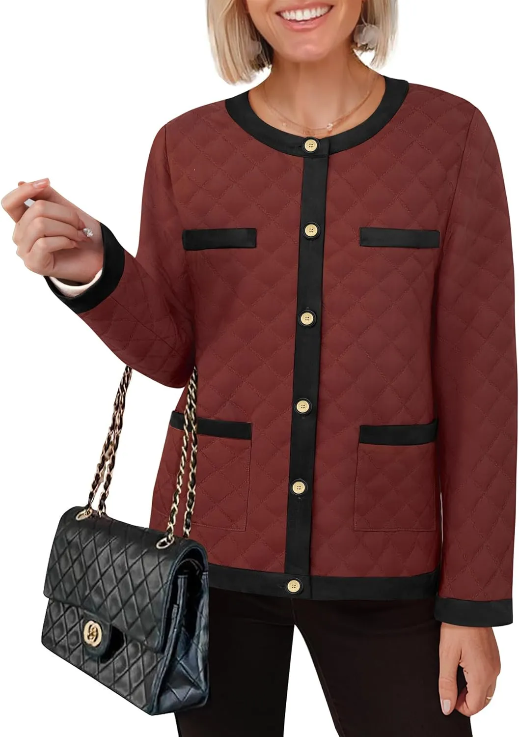 Bebonnie Women's Diamond Quilted Jacket Crew Neck Lightweight Long Sleeve Button Down Winter Coats with Pockets