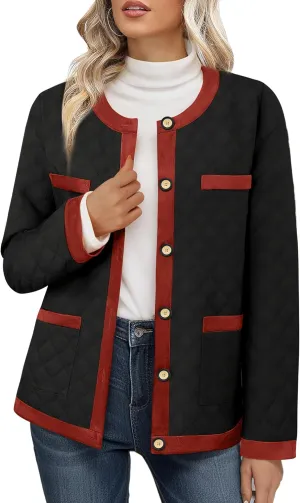 Bebonnie Women's Diamond Quilted Jacket Crew Neck Lightweight Long Sleeve Button Down Winter Coats with Pockets