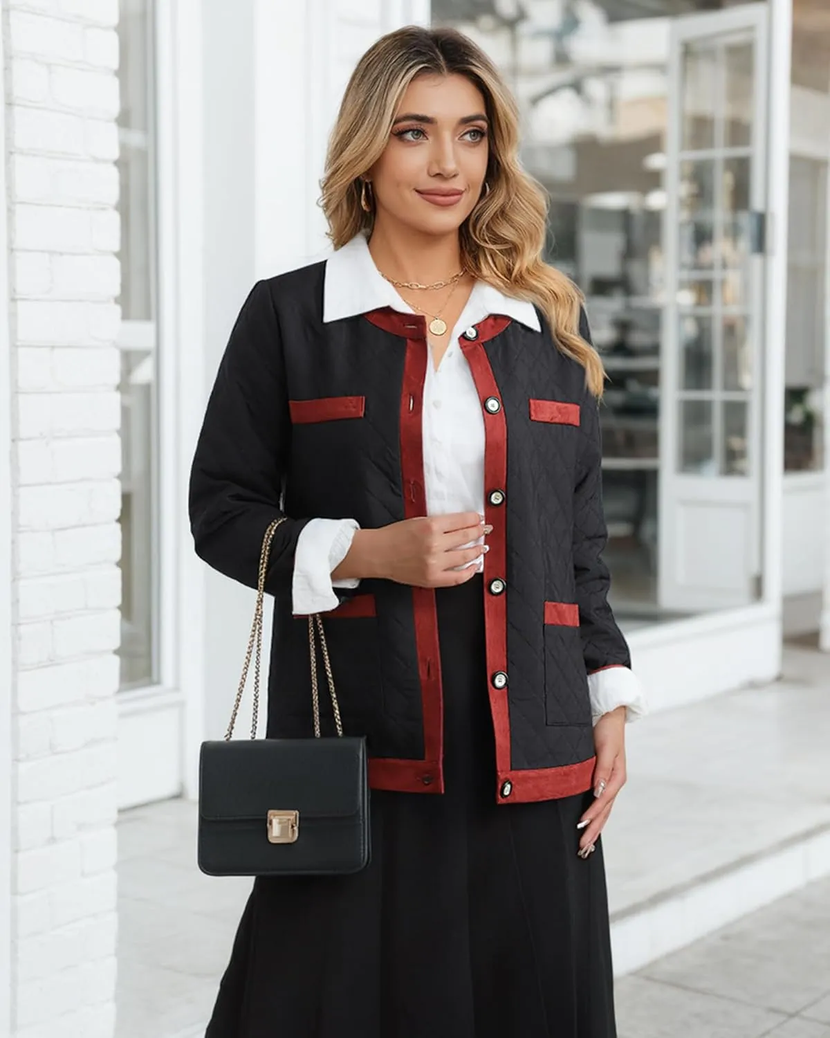 Bebonnie Women's Diamond Quilted Jacket Crew Neck Lightweight Long Sleeve Button Down Winter Coats with Pockets
