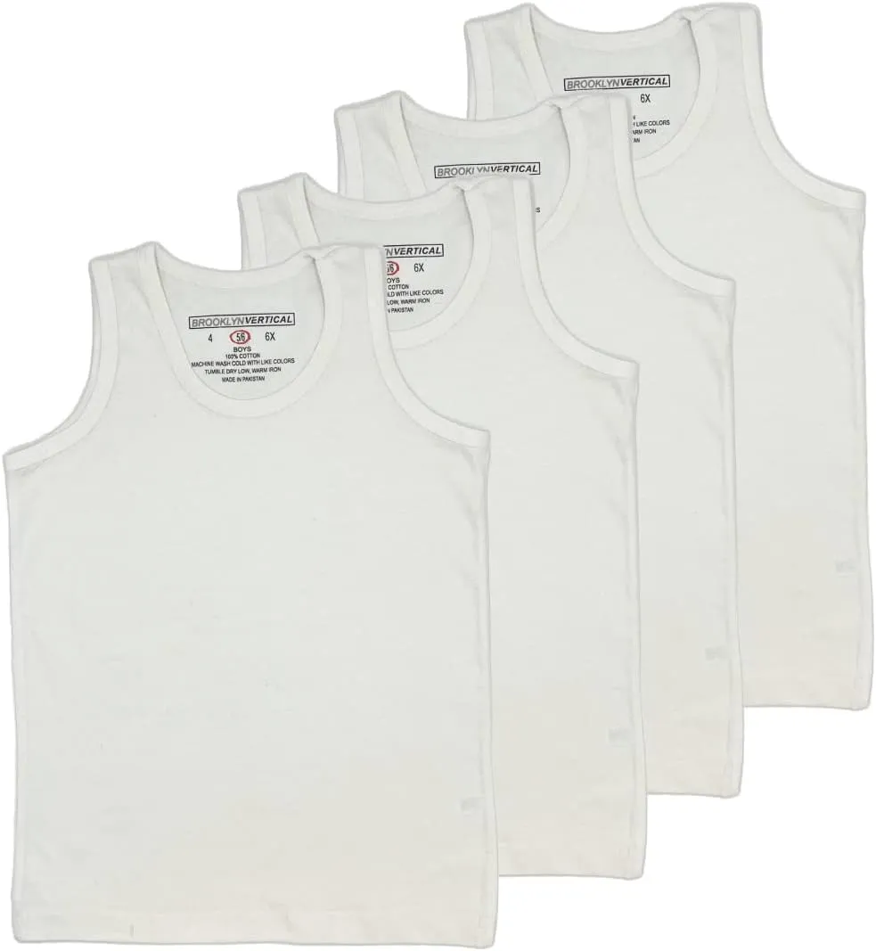 BROOKLYN VERTICAL Boys 4 Pack Undershirt Tank Top - Tagless Cotton Super Soft Runs Small