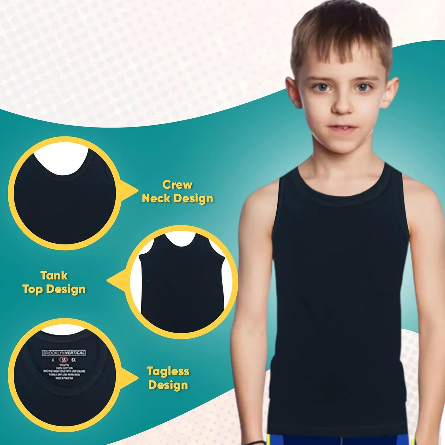 BROOKLYN VERTICAL Boys 4 Pack Undershirt Tank Top - Tagless Cotton Super Soft Runs Small