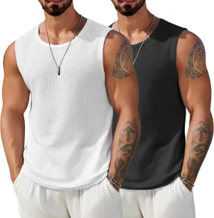 COOFANDY White Casual Knitted Sleeveless Shirt for Men Soft Breathable Waffle Tank Top 2 Pack Mens Tank Undershirts Black M