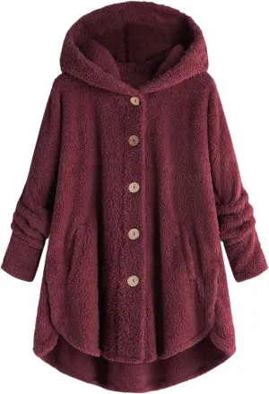 DOLKFU Women's Sherpa Hoodies Coats Button Outwear Jackets Fuzzy Fleece Trench Long Jacket 2022 Fall Winter Cute Hooded
