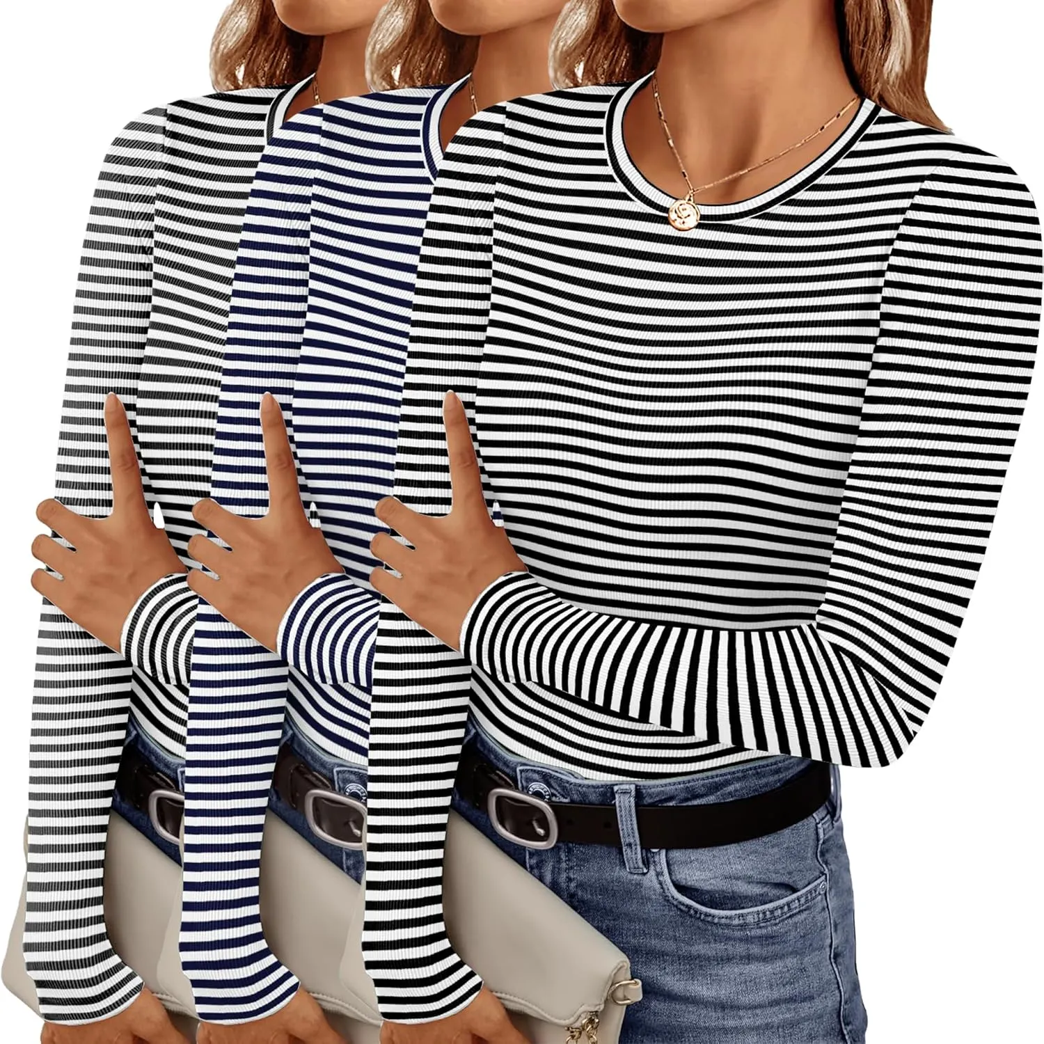 Ekouaer Women's Long Sleeve Shirts 3 Packs Crew Neck Stretchy Fitted Tops Ribbed Base Layer Soft Thermal Undershirts Tee
