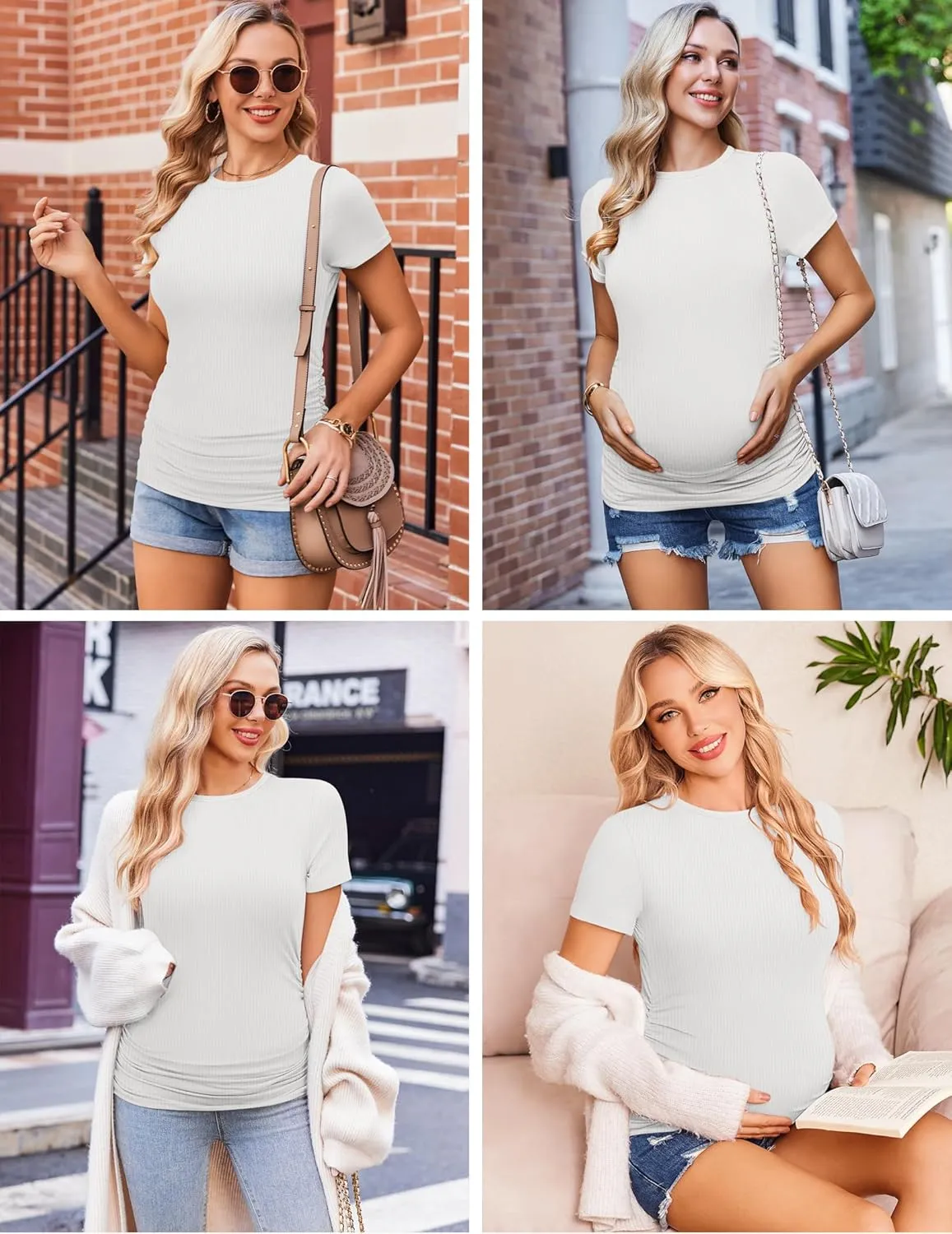 Ekouaer Womens Maternity Shirts 3 Packs Short Sleeve Ribbed Pregnancy Tops Side Ruched Crew Neck Tunic Mama Clothes