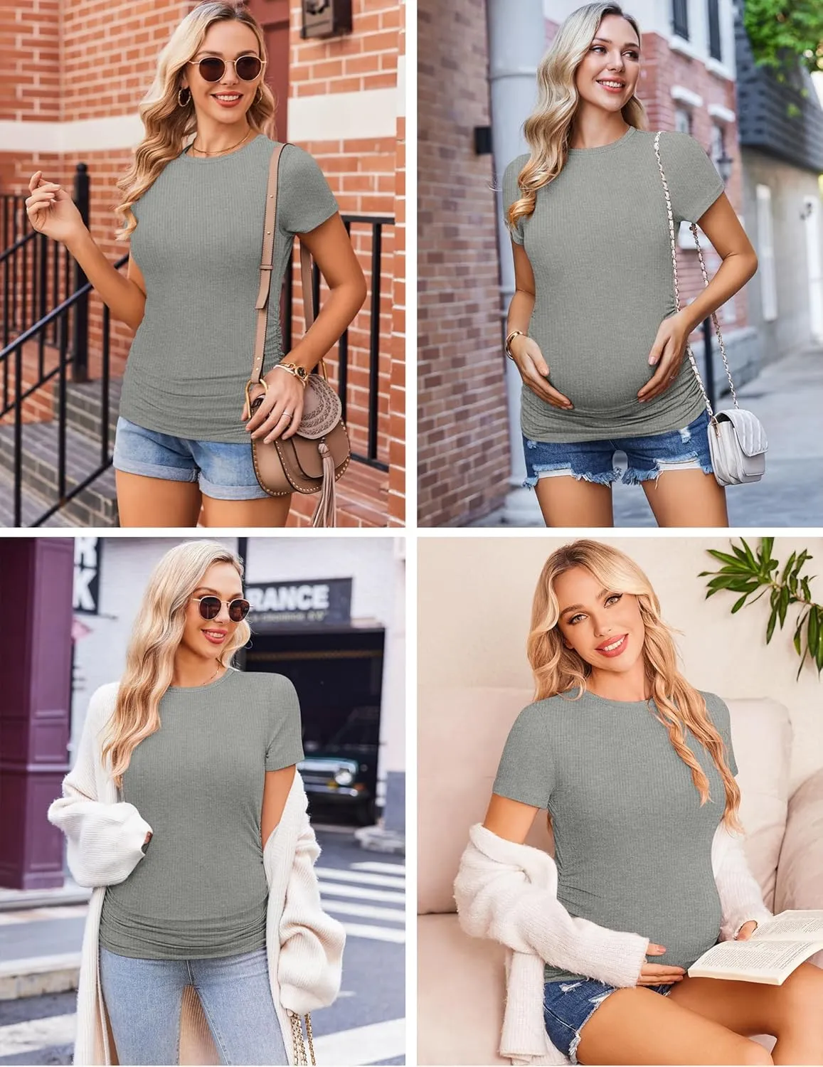 Ekouaer Womens Maternity Shirts 3 Packs Short Sleeve Ribbed Pregnancy Tops Side Ruched Crew Neck Tunic Mama Clothes
