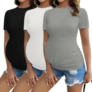 Ekouaer Womens Maternity Shirts 3 Packs Short Sleeve Ribbed Pregnancy Tops Side Ruched Crew Neck Tunic Mama Clothes