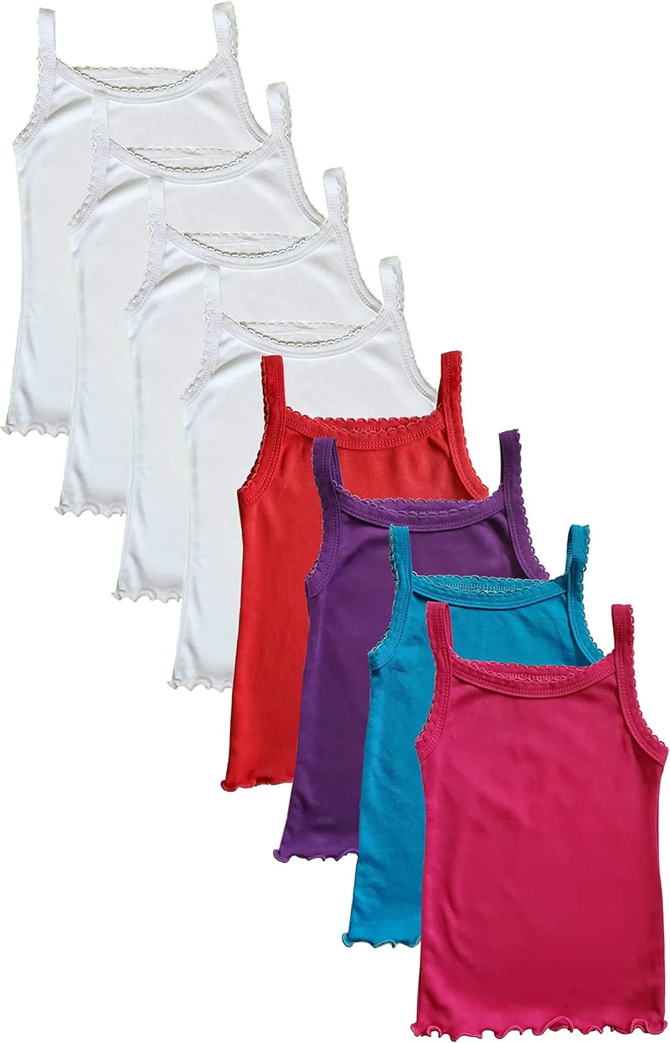 Girls Tank Top Camisoles, Pack of 8, White and Floral Print, Sleeveless Cotton Undershirts