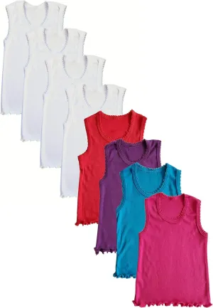 Girls Tank Top Camisoles, Pack of 8, White and Floral Print, Sleeveless Cotton Undershirts