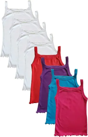 Girls Tank Top Camisoles, Pack of 8, White and Floral Print, Sleeveless Cotton Undershirts