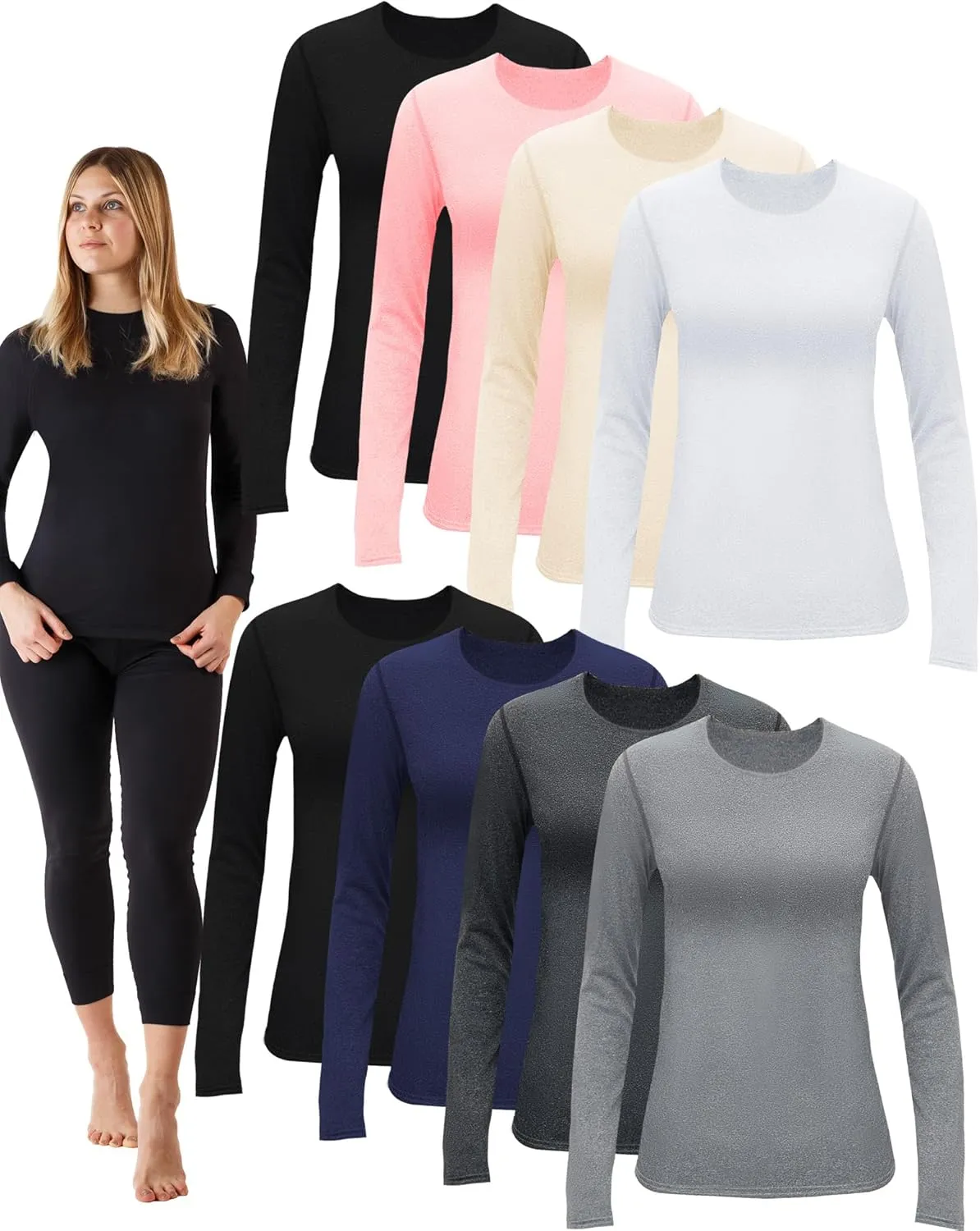 Jecery 8 Pcs Thermal Long Sleeve Shirts for Women Thermal Top Set Crew Neck Shirts Base Layer Women Long Underwear