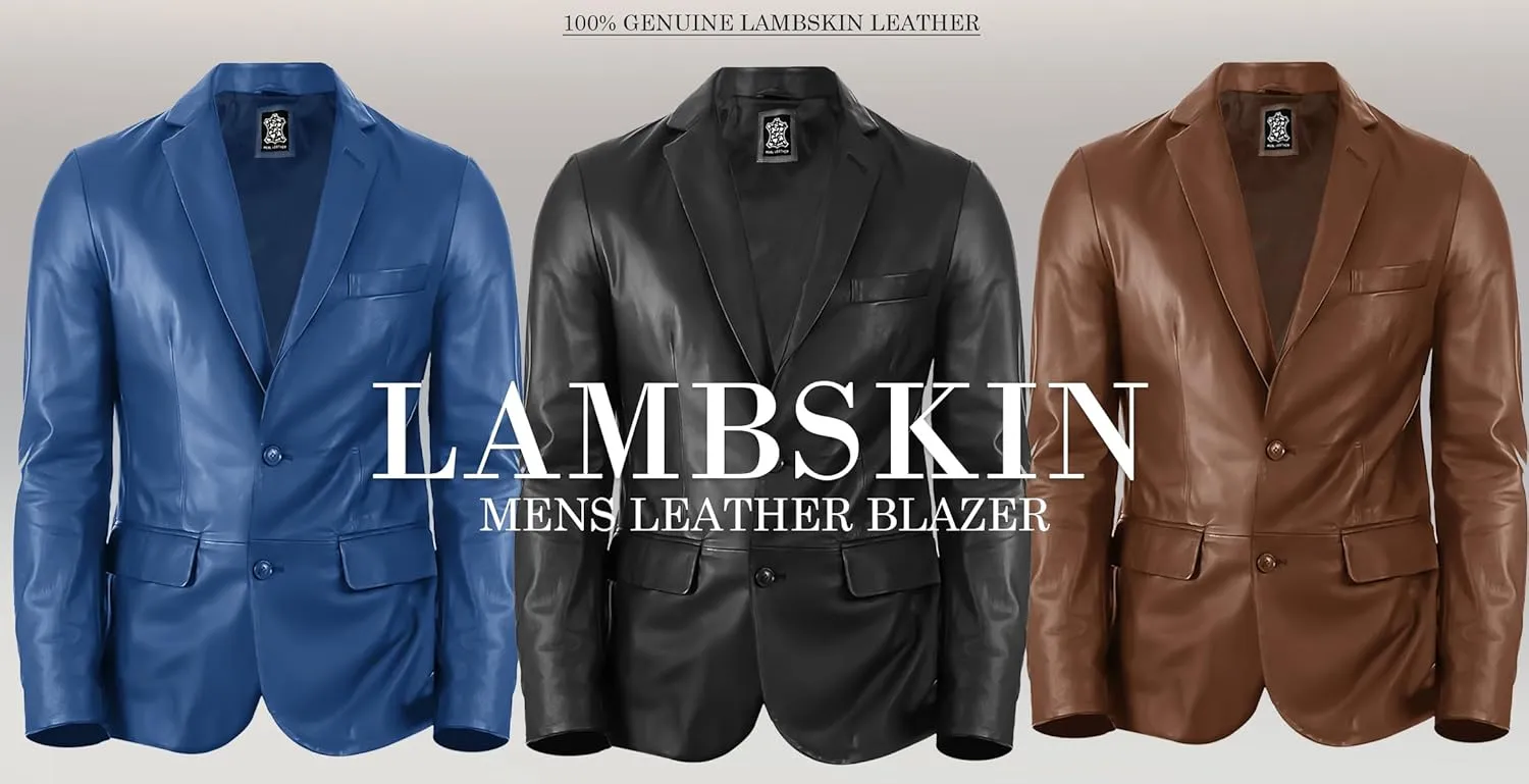 Lambskin Mens Leather Blazer 2 Button Sport Coat- Real Lambskin Leather Blazers for Men Premium Leather Coat