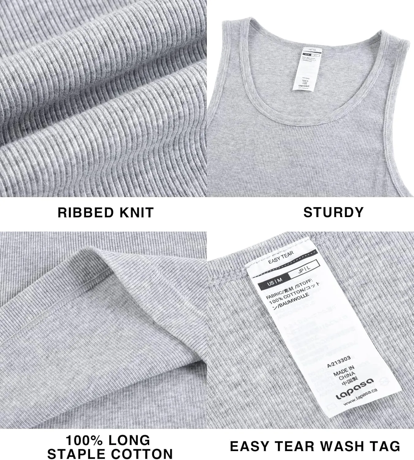 LAPASA Men's 100% Cotton Ribbed Tank Tops Ultra Soft Sleeveless Crewneck A-Shirts Basic Solid Undershirts Vests 4 Pack M35