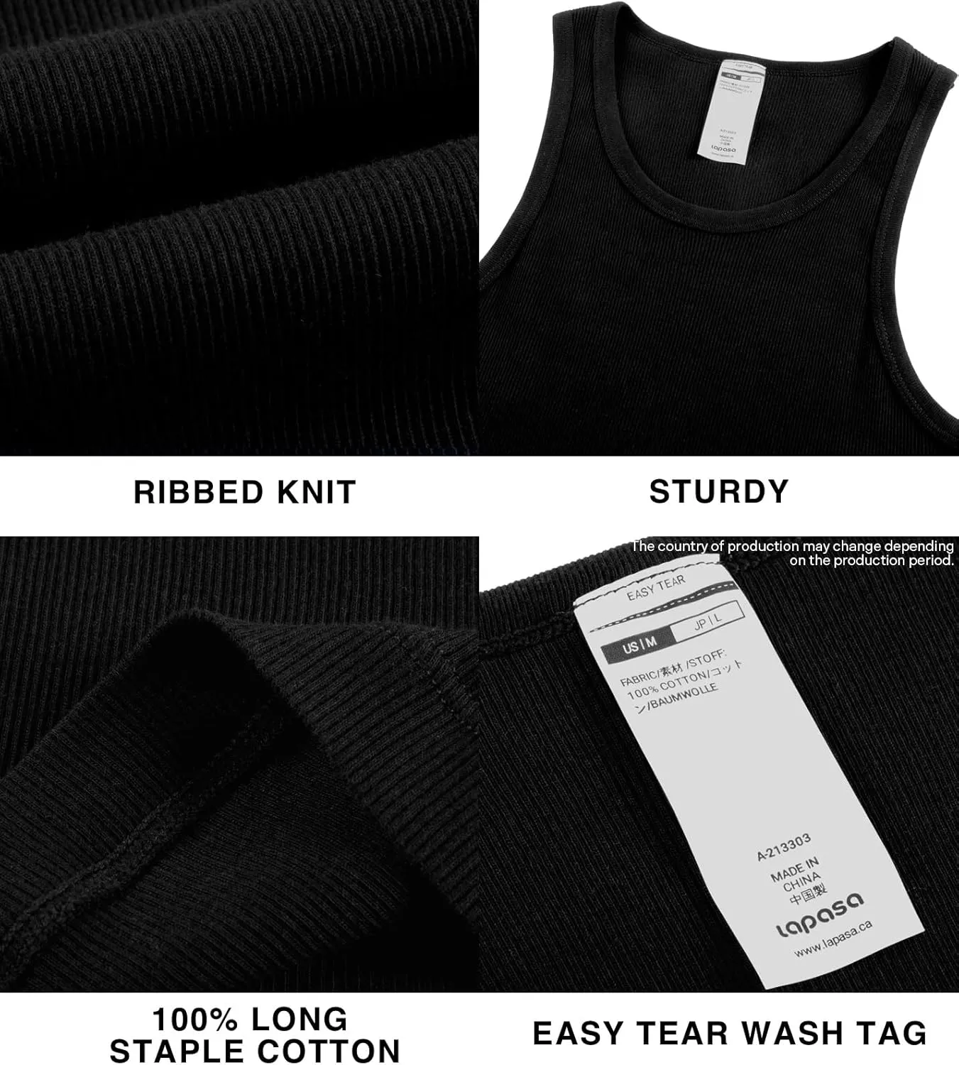 LAPASA Men's 100% Cotton Ribbed Tank Tops Ultra Soft Sleeveless Crewneck A-Shirts Basic Solid Undershirts Vests 4 Pack M35