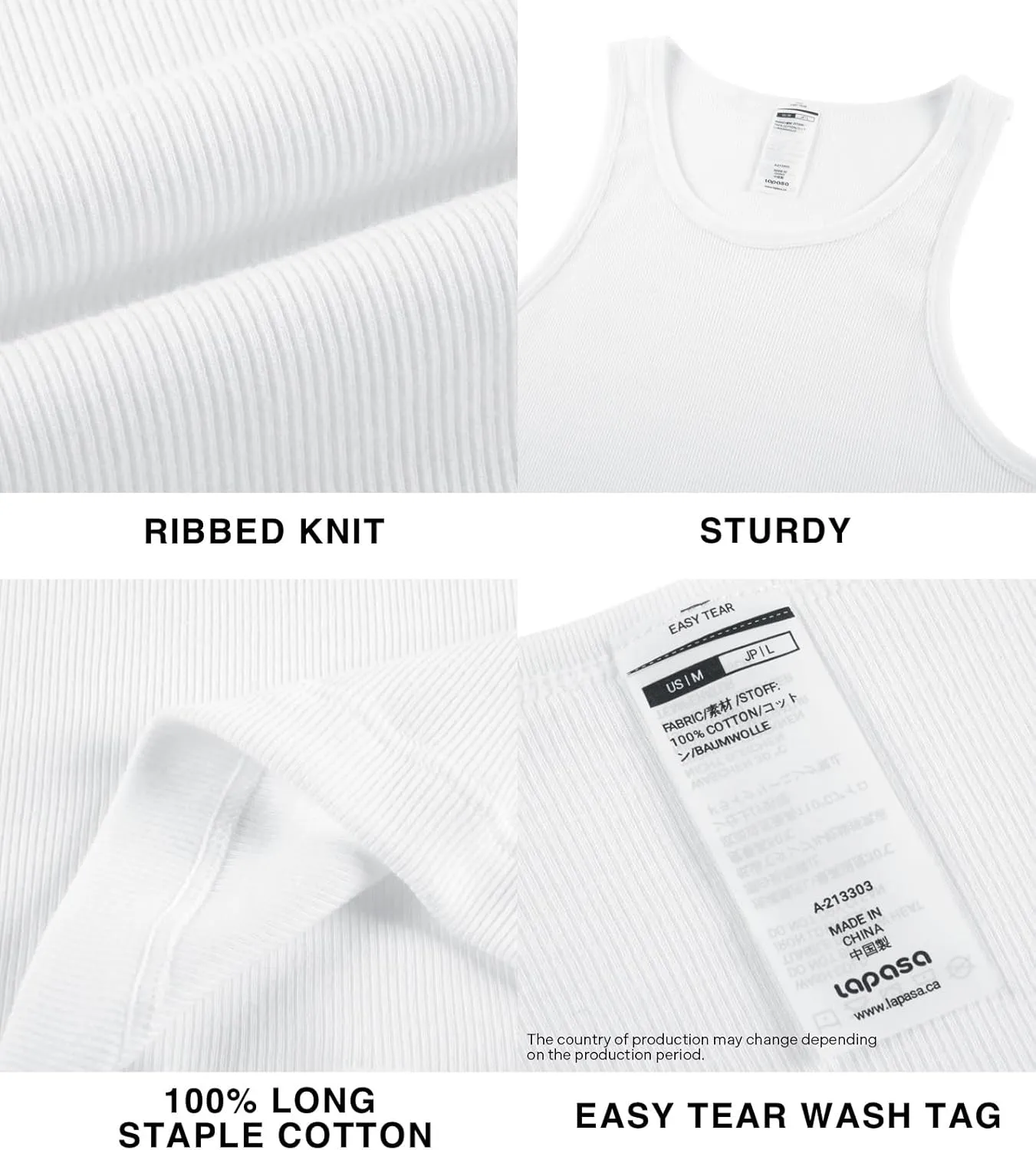 LAPASA Men's 100% Cotton Ribbed Tank Tops Ultra Soft Sleeveless Crewneck A-Shirts Basic Solid Undershirts Vests 4 Pack M35