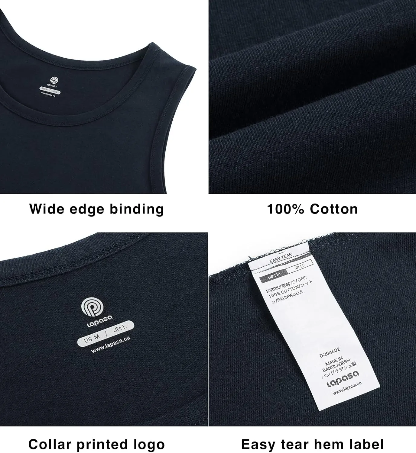 LAPASA Men's 100% Cotton Tank Top Ultra Soft Sleeveless Crewneck Breathable A-Shirts Basic Solid Undershirts Vest 4 Pack M36