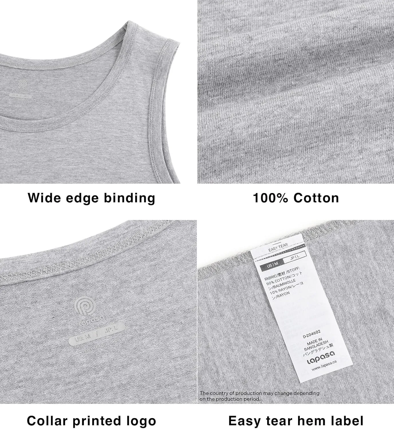 LAPASA Men's 100% Cotton Tank Top Ultra Soft Sleeveless Crewneck Breathable A-Shirts Basic Solid Undershirts Vest 4 Pack M36