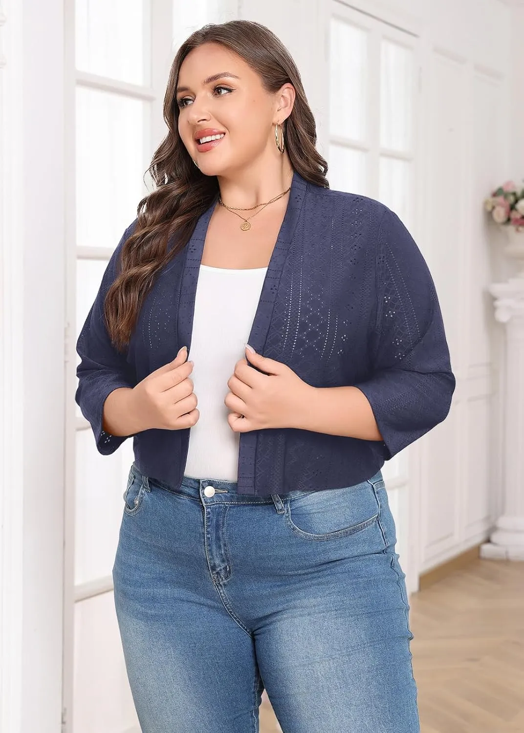 Lastshe Women's Plus Size Shrug Open Front 3/4 Sleeves Cropped Bolero Openwork Fabric Cardigan