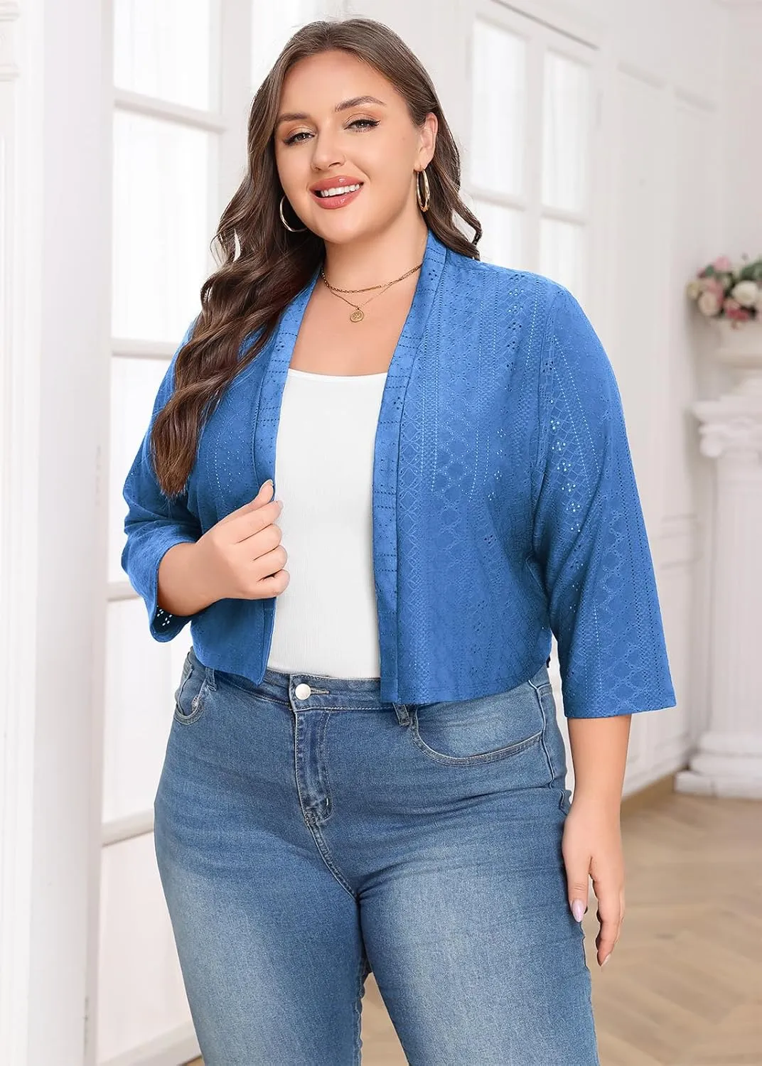 Lastshe Women's Plus Size Shrug Open Front 3/4 Sleeves Cropped Bolero Openwork Fabric Cardigan