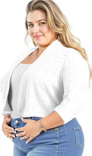 Lastshe Women's Plus Size Shrug Open Front 3/4 Sleeves Cropped Bolero Openwork Fabric Cardigan