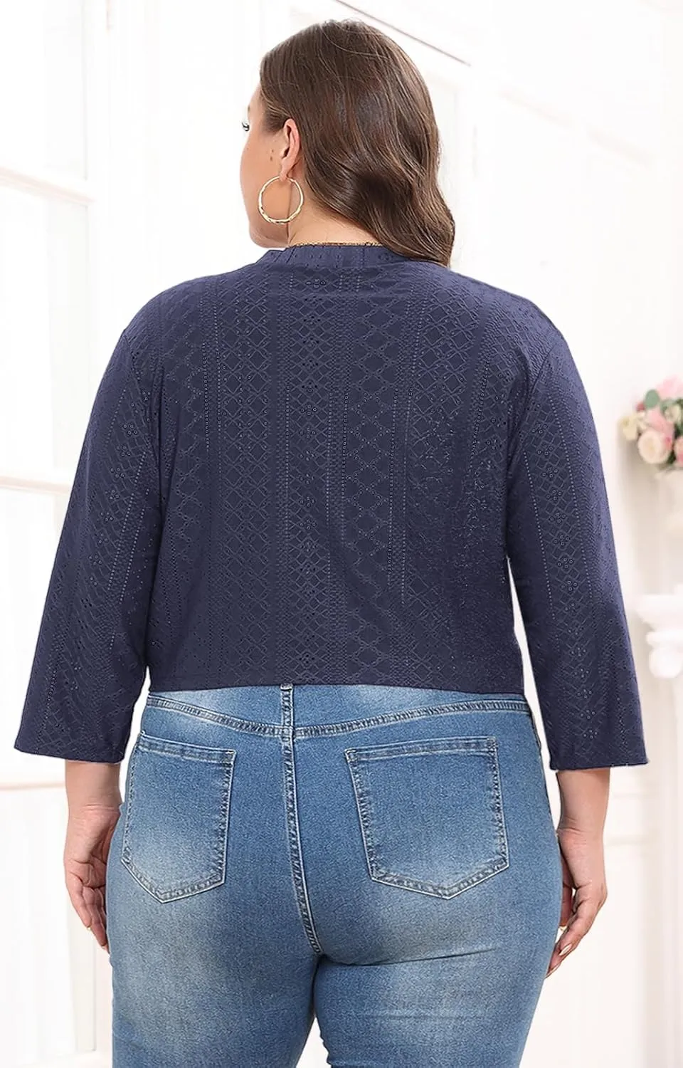 Lastshe Women's Plus Size Shrug Open Front 3/4 Sleeves Cropped Bolero Openwork Fabric Cardigan