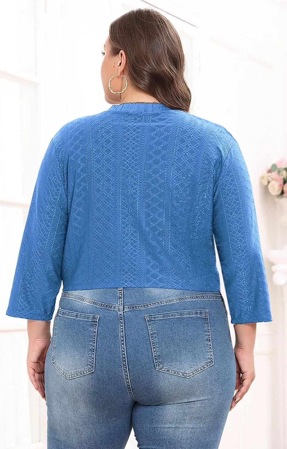 Lastshe Women's Plus Size Shrug Open Front 3/4 Sleeves Cropped Bolero Openwork Fabric Cardigan