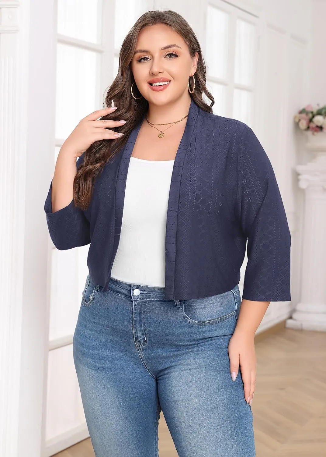 Lastshe Women's Plus Size Shrug Open Front 3/4 Sleeves Cropped Bolero Openwork Fabric Cardigan