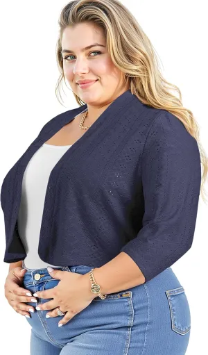 Lastshe Women's Plus Size Shrug Open Front 3/4 Sleeves Cropped Bolero Openwork Fabric Cardigan